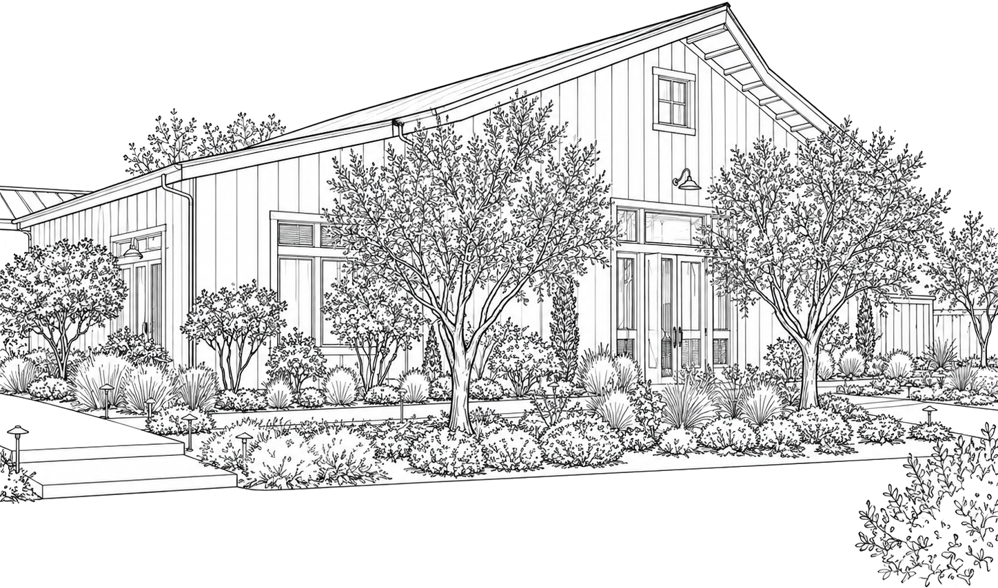 Line-art illustration of the white barn at Harrow Cellars with garden trees, walkway steps, and path lights